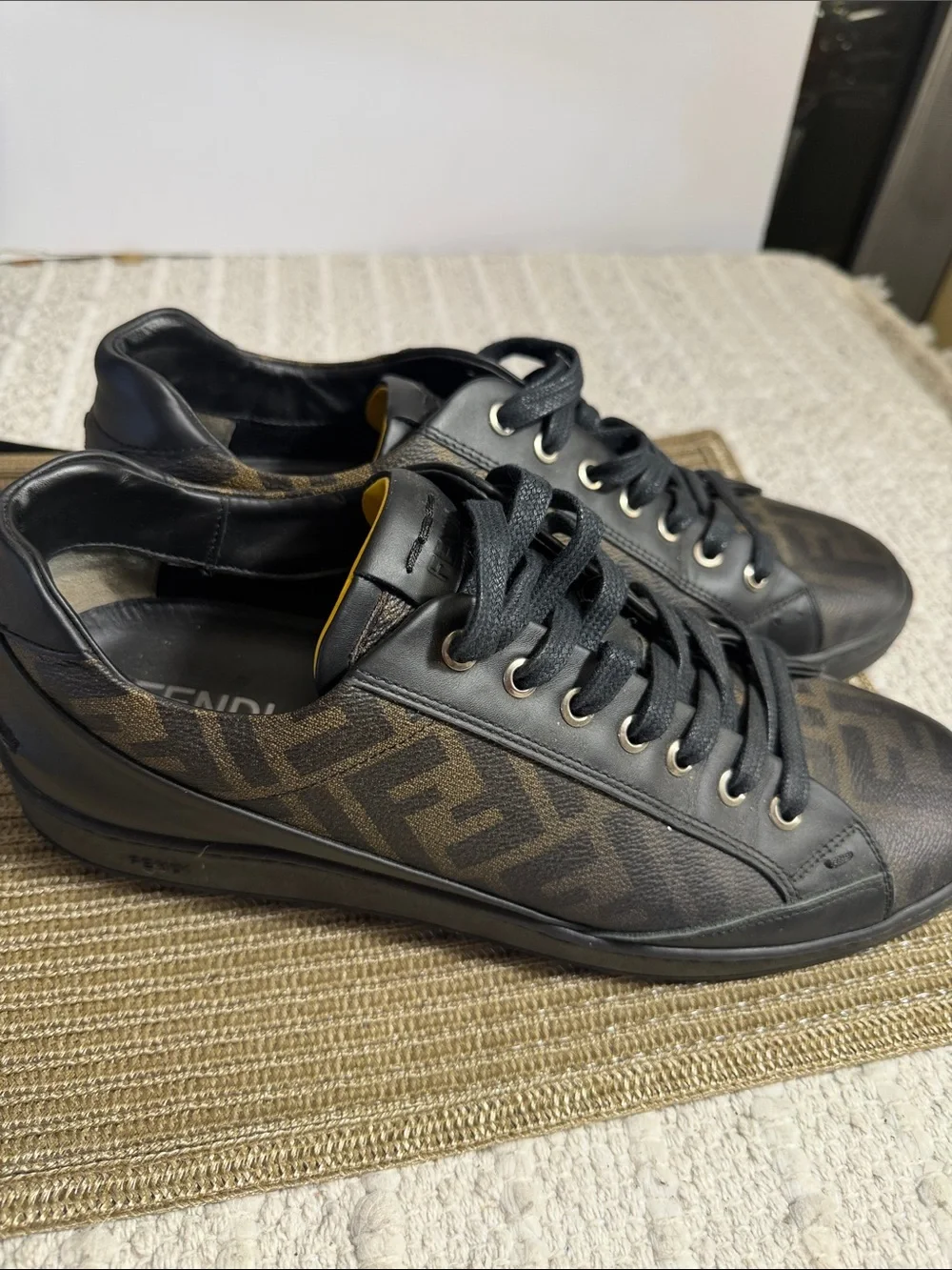 Fendi Roma FF Zucca Monogram Low Top Sneakers Black Brown Men’s Size 8 Italy